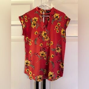 Satin Sunflower Print Keyhole Express Blouse